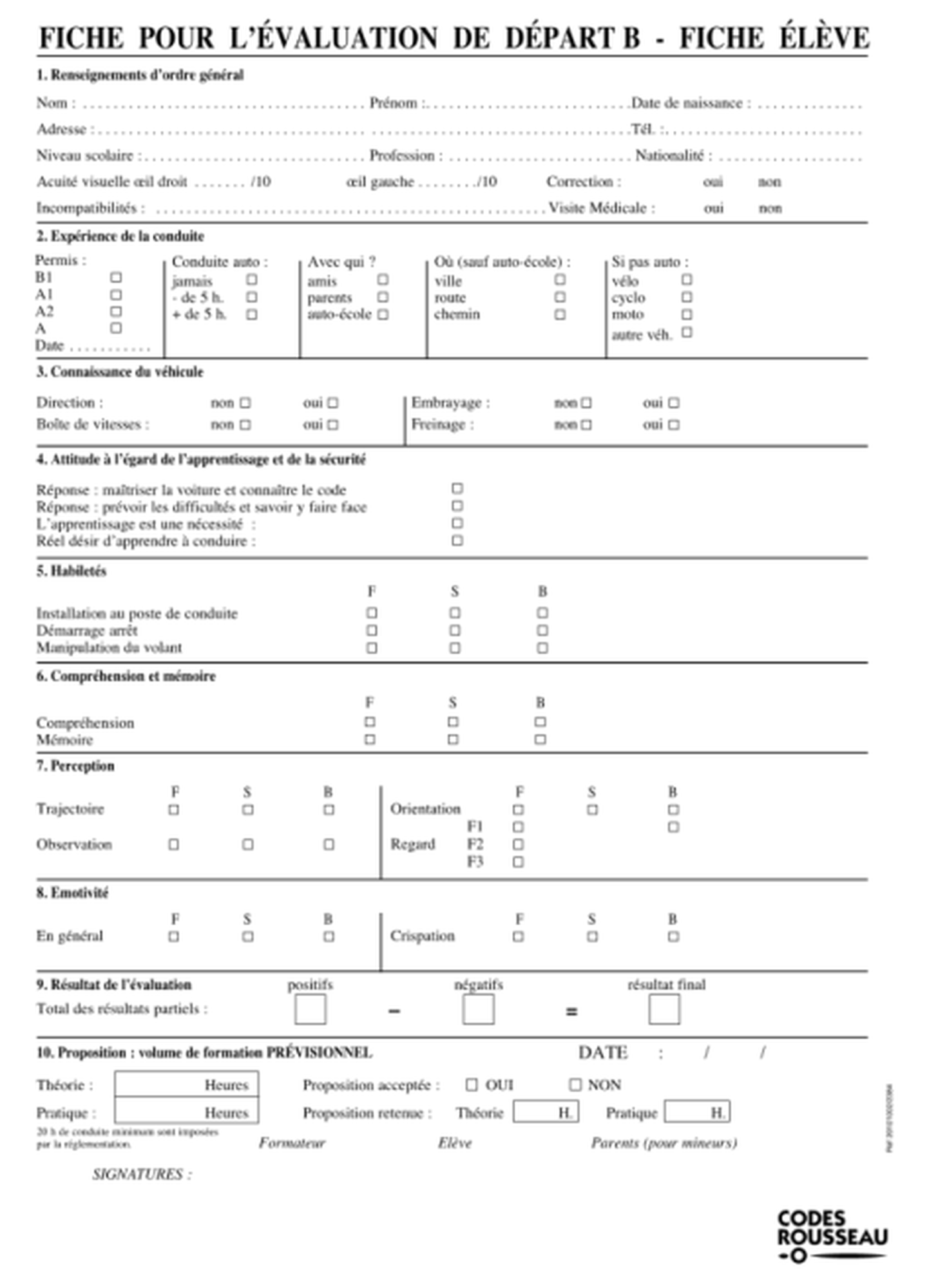 Fiche d'évaluation permis de conduire